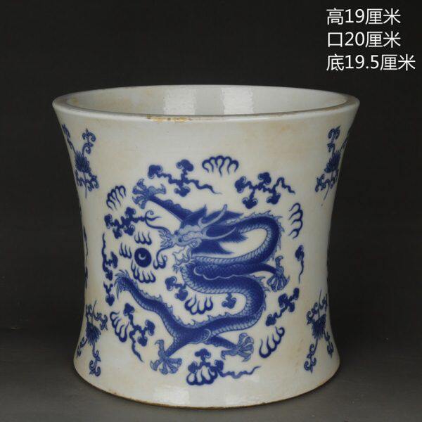 清康熙手工龙纹笔筒古董旧货老物件做旧仿古瓷中式复古风书房摆件