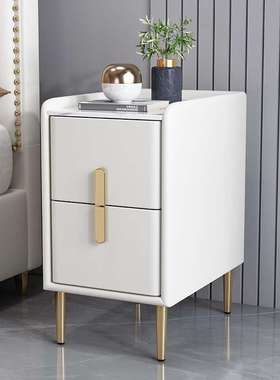 现代轻奢小型实木白色免安装床边柜整装卧室小户型岩板皮质床头柜