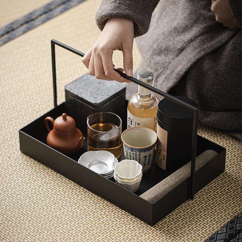 大岸堂新中式铁艺提篮黑色铁茶具收纳盒茶棚茶托盘样板间装饰摆件