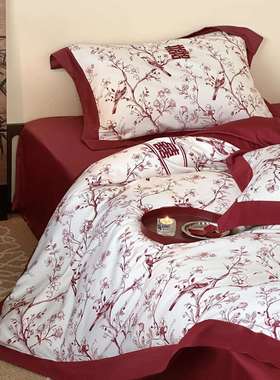 喜上眉梢~100S长绒棉全棉四件套结婚庆欢喜庆大红色全棉被套床单