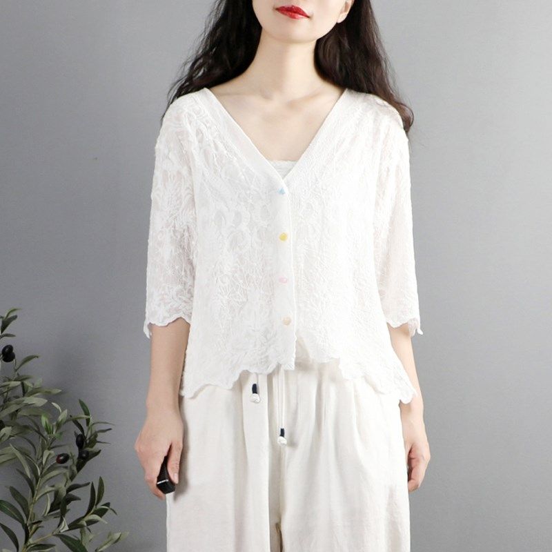 法式文艺范刺绣纯棉v领衬衫女夏季薄款外搭小开衫披肩糖果扣衬衣,女装/女士精品,衬衫,淘宝优惠券,粉丝福利购,淘宝优惠卷