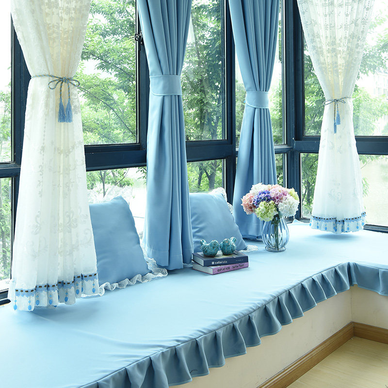 欧式现代简约飘窗双层全遮光卧室客厅落地窗遮阳隔热蓝色窗帘纱帘