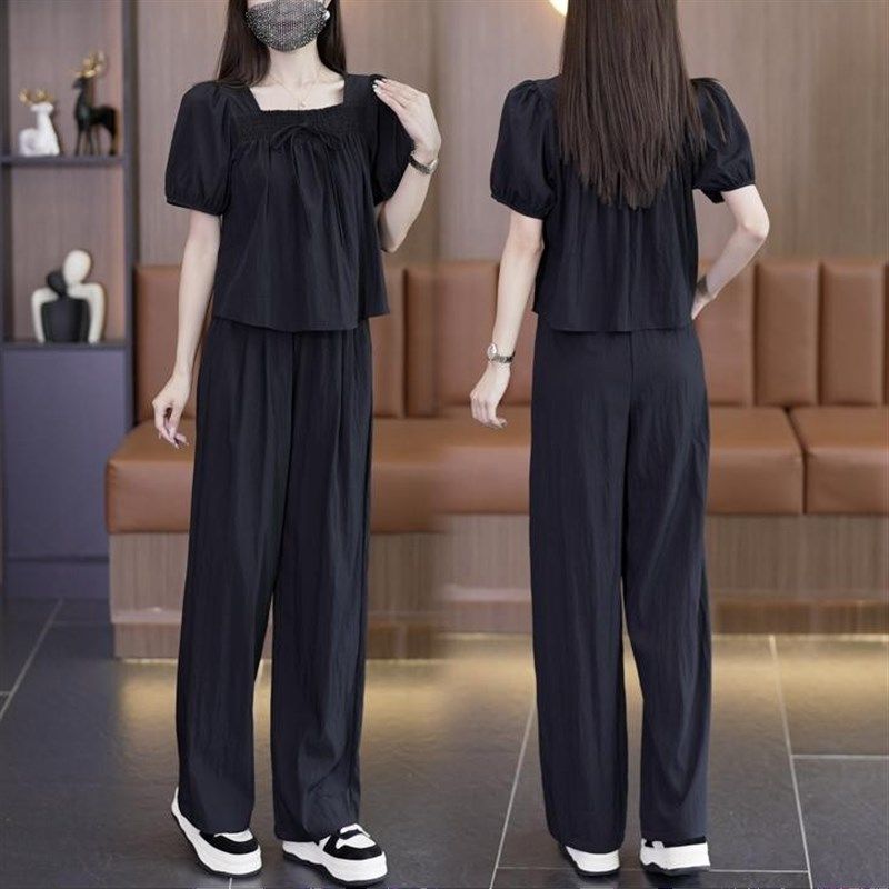 2025夏季新款方领阔腿裤套装小个子时尚洋气减龄雪纺宽松两件套女,女装/女士精品,时尚套装,淘宝优惠券,粉丝福利购,淘宝优惠卷