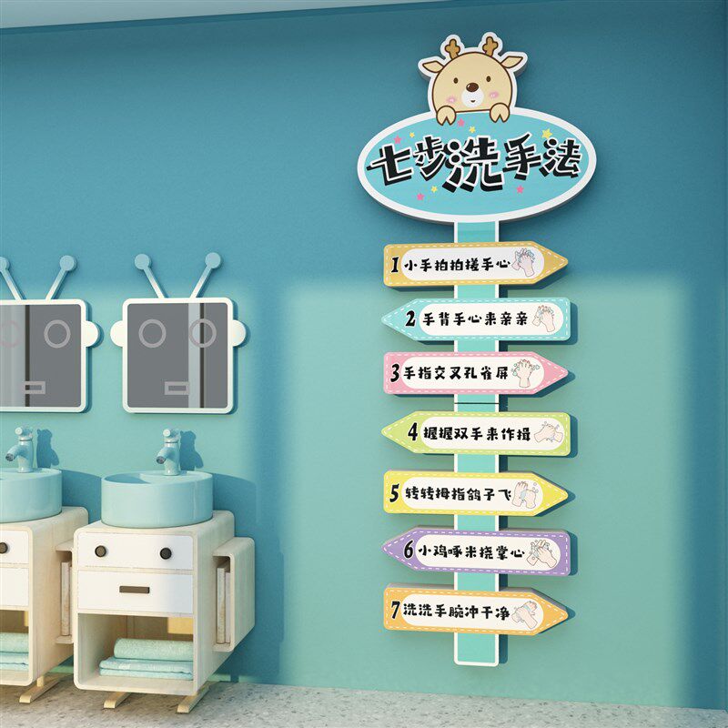 七步洗手法宝宝幼儿园洗手步骤卡通贴纸图墙贴厕所卫生间标语防水