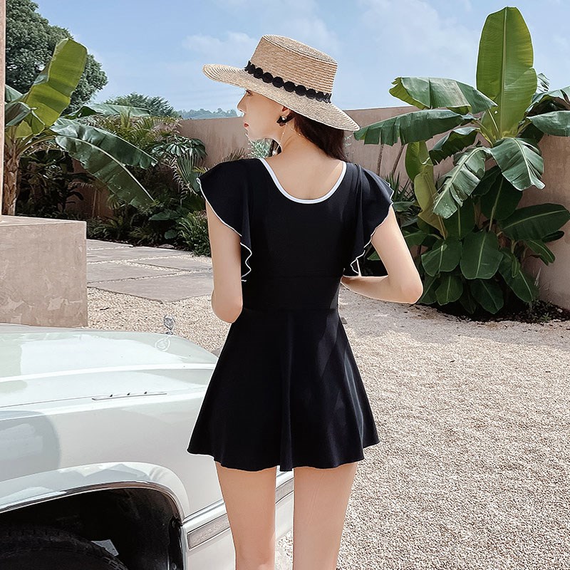 泳衣女泡温泉黑色显瘦加大码保守连体裙式大胸遮肉收腰平角裤泳装