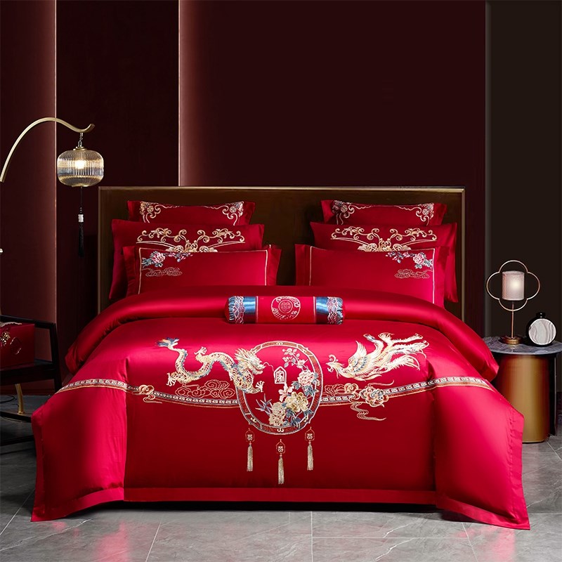 结婚刺绣全棉婚庆床上四件套大红色龙凤喜庆被4件套床品