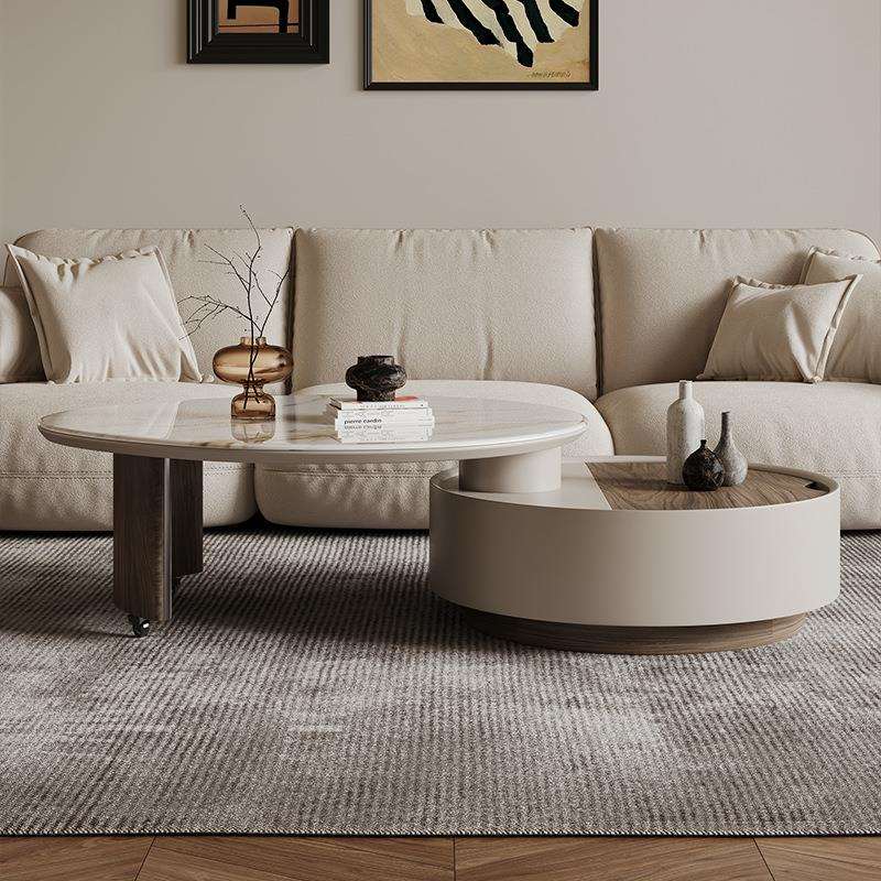 奶油风圆茶几客厅家用现代简约极简小户型可旋转岩板圆形茶几桌子