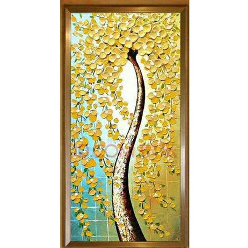纯手绘油画欧式玄关竖版发财树现代简约走廊装饰纯玄关油画