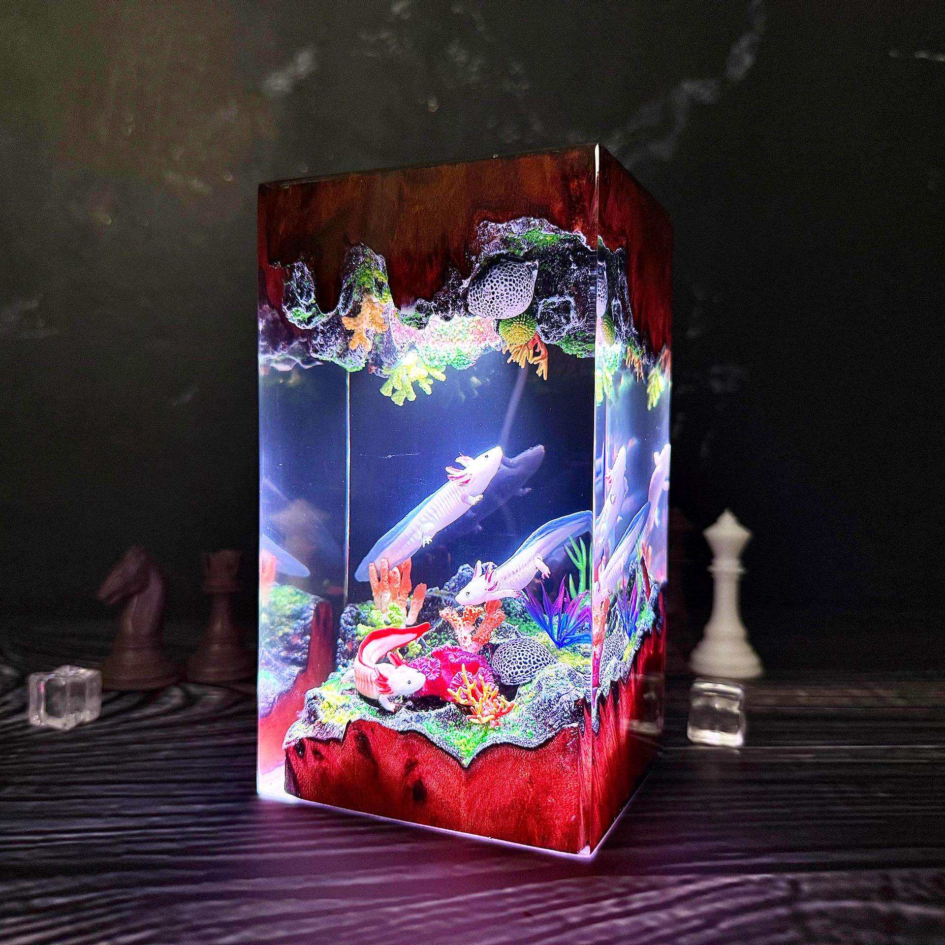 六角恐龙鱼美西螈树脂小夜灯海底世界工艺品办公桌面装饰品