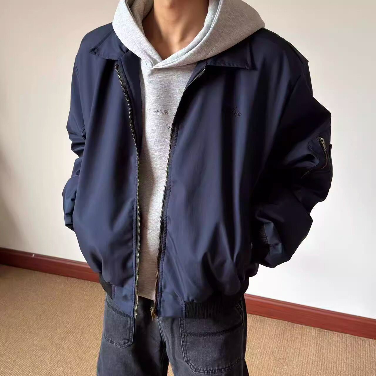 藏青色飞行夹克棒球服男秋季美式cleanfit高级感宽松翻领短款外套