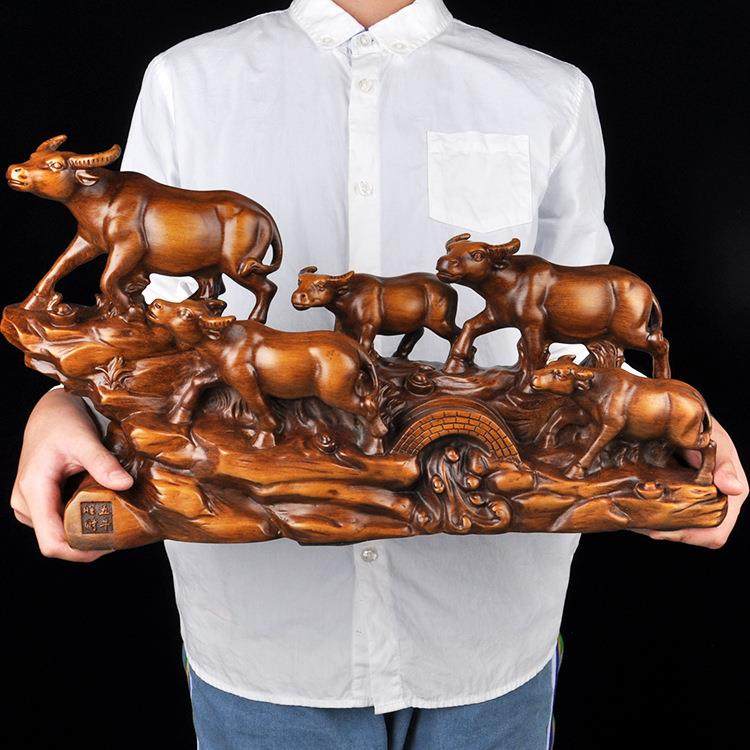 树脂工艺特色开业摆件动物五牛旺财仿木质工艺品中式客厅招财手工