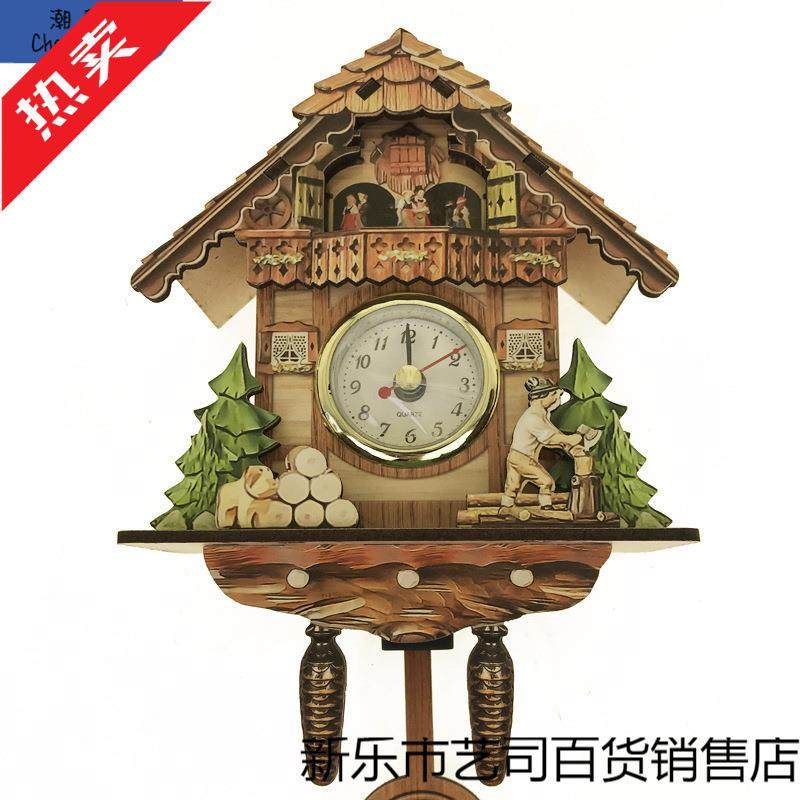 现货挂钟布谷鸟咕咕报时闹钟北欧复古时钟木质客厅钟表电池电子