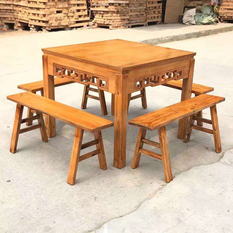 老榆木八仙桌椅新中式实木正方形餐馆饭店桌椅组合家用餐桌组合