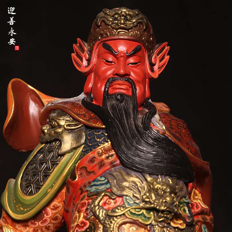 香樟木雕彩绘关公站像关二爷武财神关圣关羽帝君铜像居家客厅摆件
