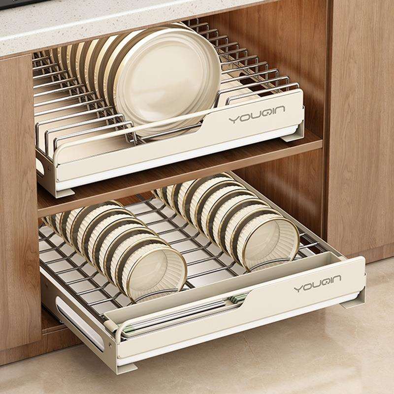 不锈钢碗碟收纳架厨房橱柜内抽屉置物架抽拉式拉篮碗盘子沥水碗架