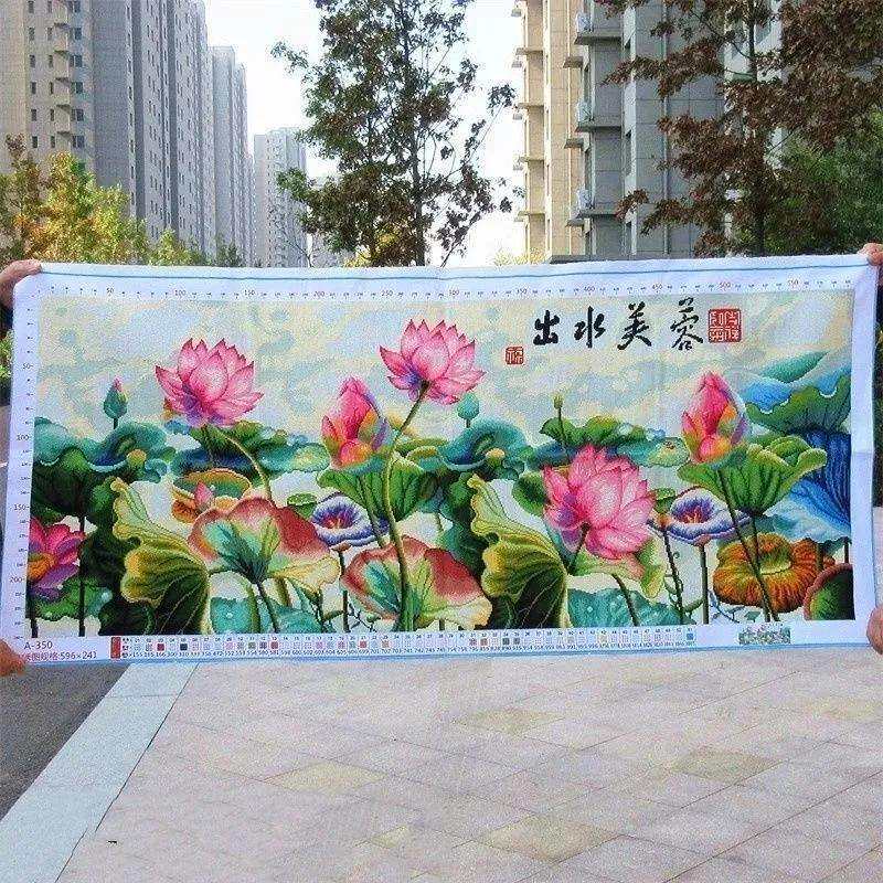 绣好的纯手工十字绣成品出水芙蓉荷花全景图花卉客厅画不带框