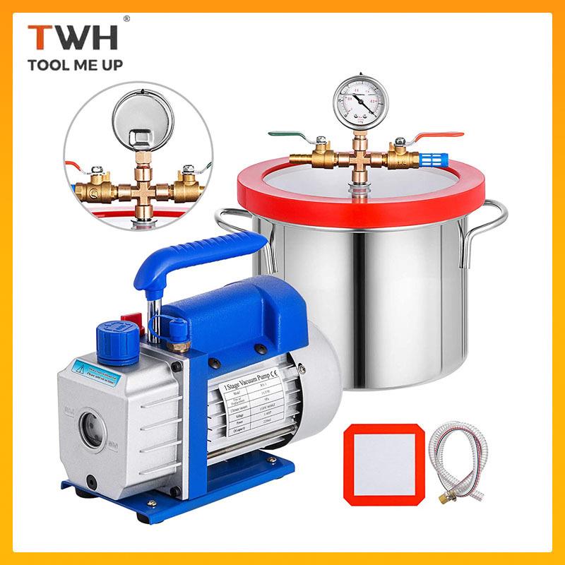 4CFM真空泵配套3加仑真空桶AB胶脱泡不绣钢桶真空泵组合