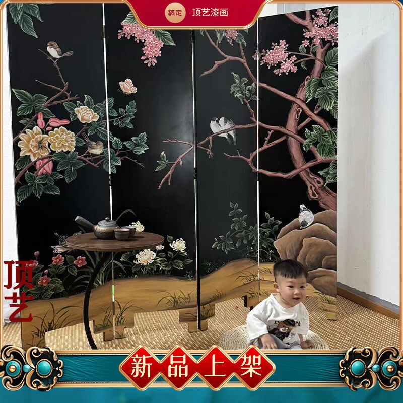简约中试手绘漆画屏风折叠可移y动客厅背景茶室装饰卧室隔断可定