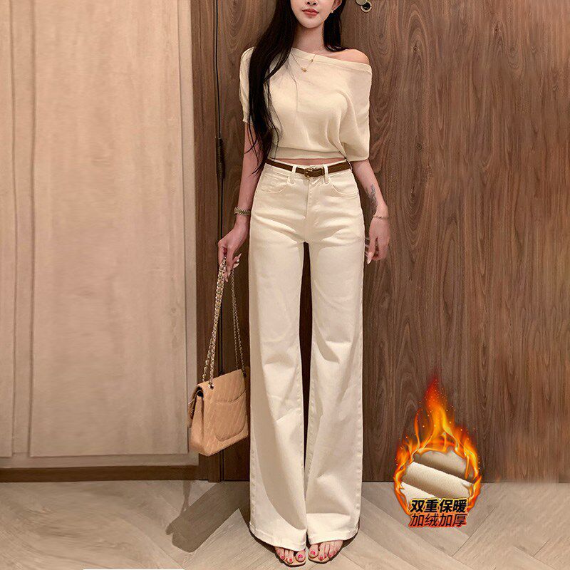 李李服饰气质老钱调不贴腿微喇裤女2025冬季新款U加绒宽松白色长