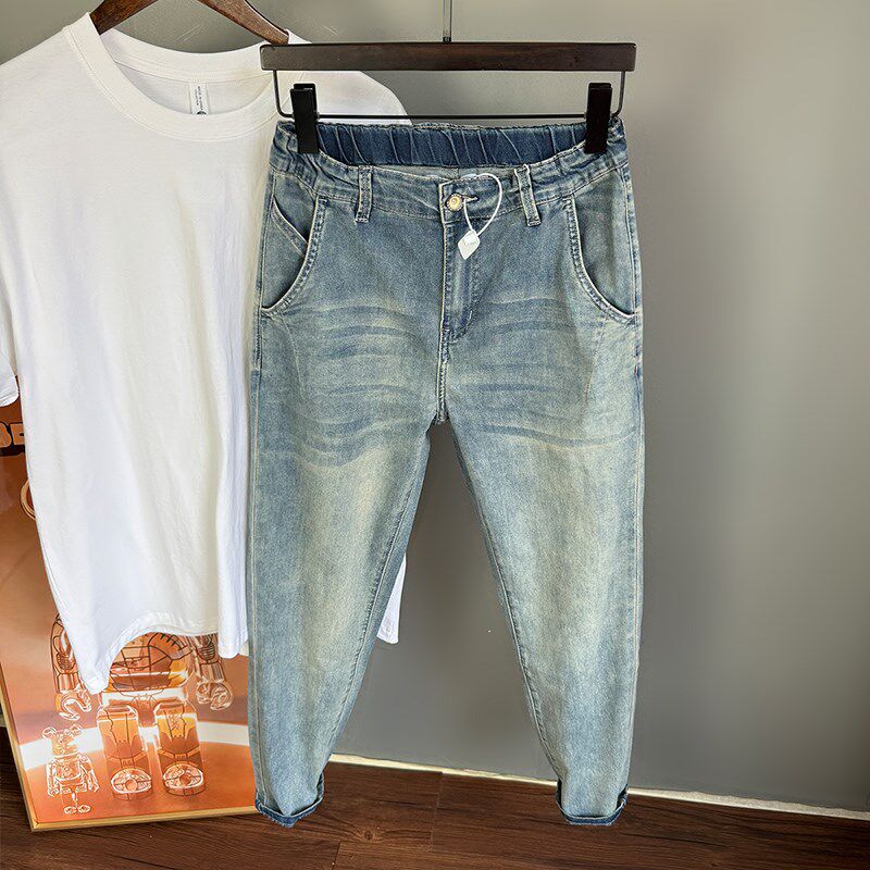 2025春夏薄款松紧腰宽松锥形潮男时F尚百搭弹水洗牛仔九分裤斜插
