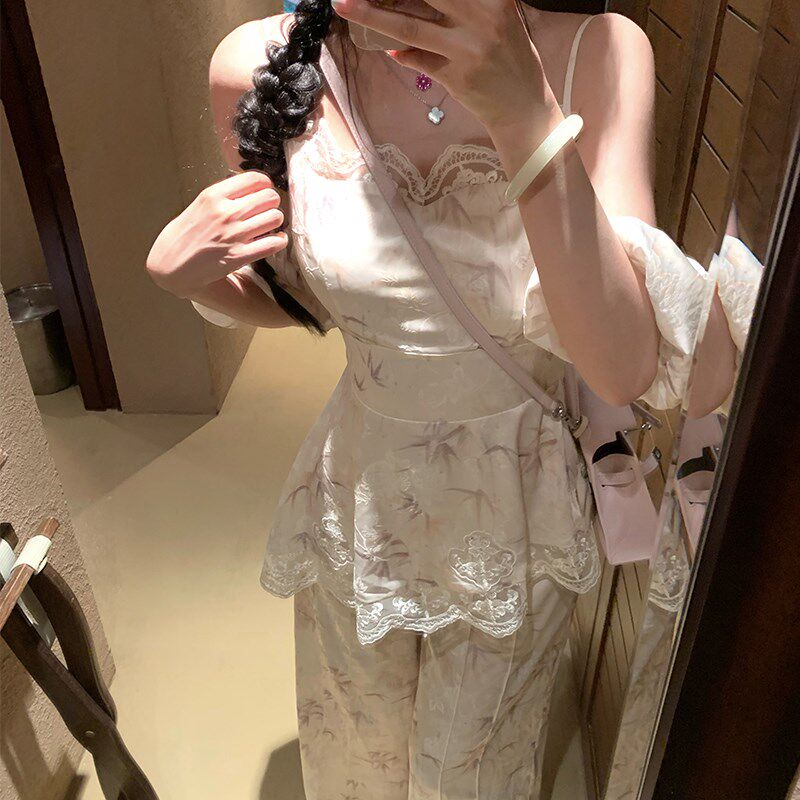 渔小平 浮生昭昭 缎面印花蕾丝A刺绣优雅女神范时尚套装女气质减