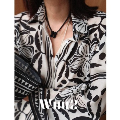 Wuu2 我眼中的我 阔袖黑白艺术印花衬衫女慵懒风宽松波西米亚夏季