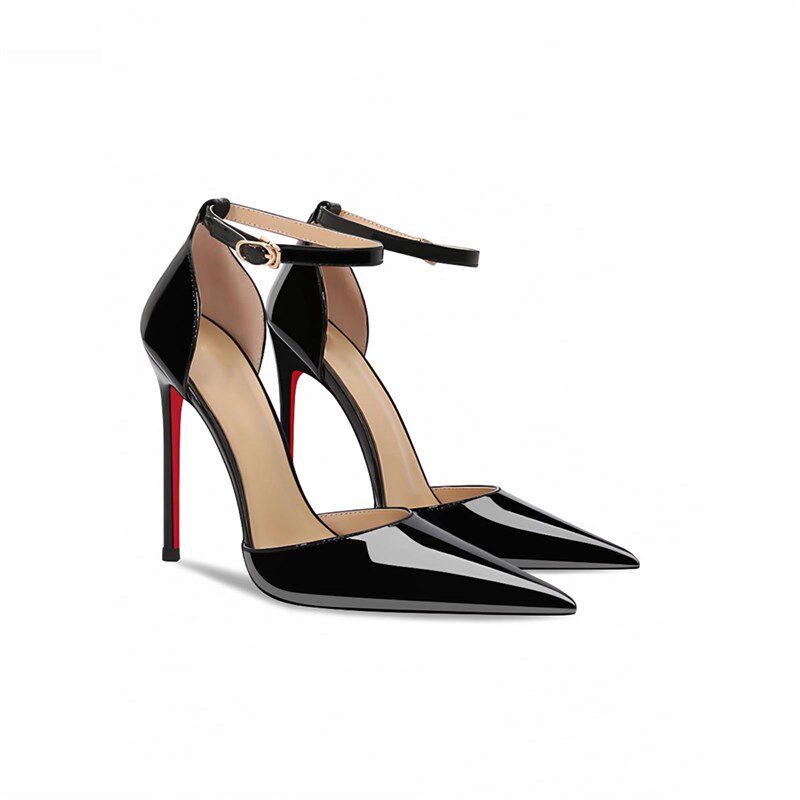 春秋新款一字扣带中空尖头细跟超高跟F鞋黑色漆皮红底优雅气质凉
