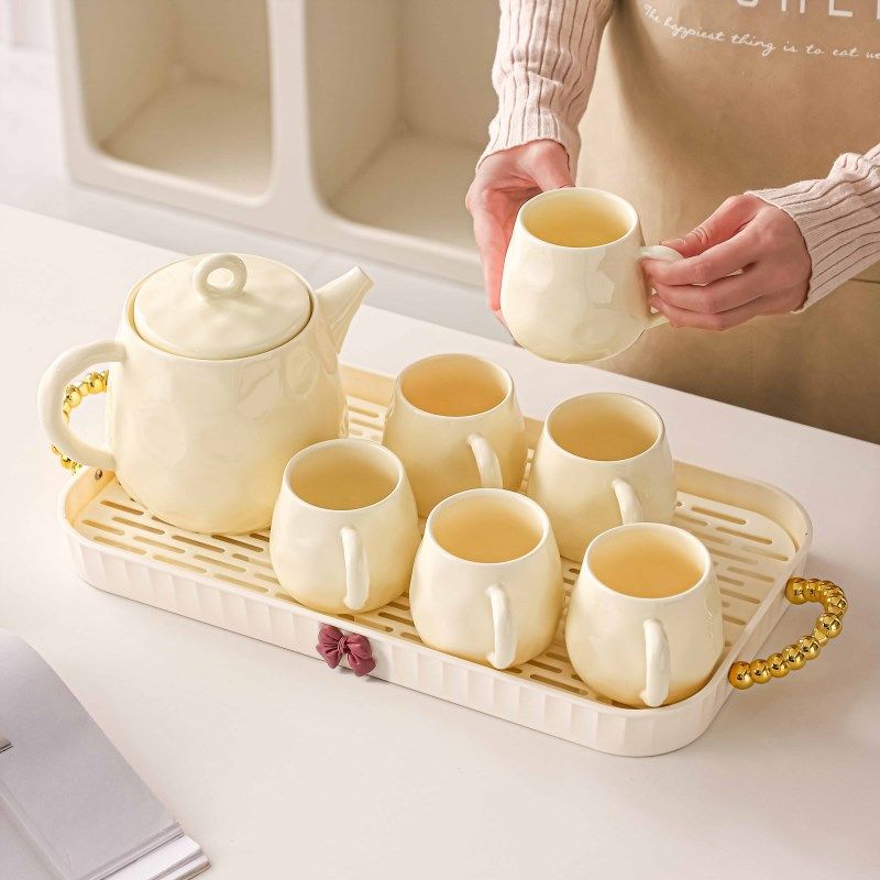 高颜值陶瓷水杯套装茶几茶具奶油风客厅高级感杯具水具带沥水托盘,餐饮具,水具套装,淘宝优惠券,粉丝福利购,淘宝优惠卷