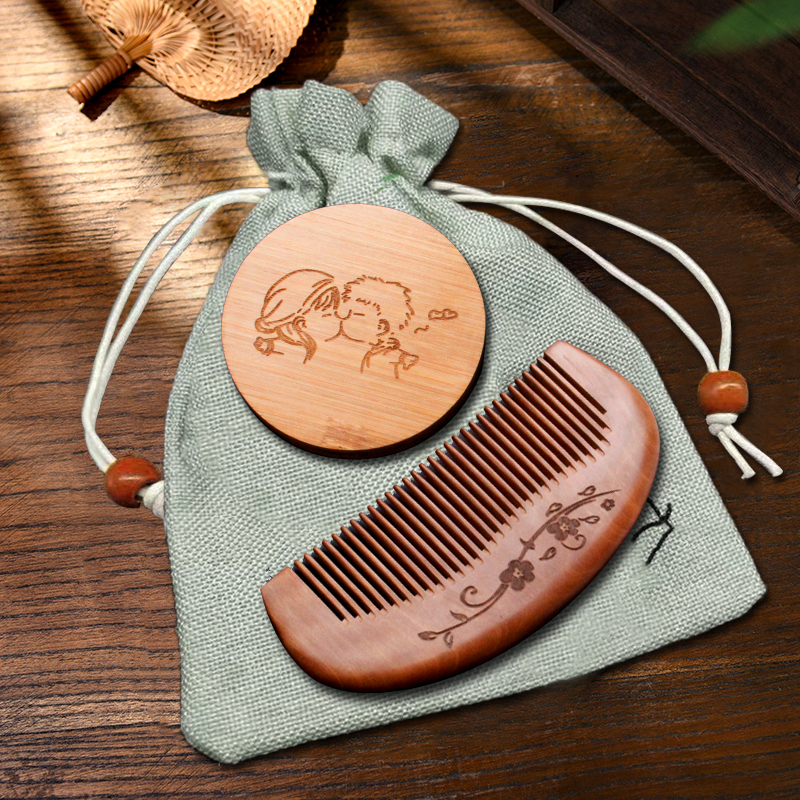 桃木镜子梳c子随身携带迷你梳镜套装镜子化妆女生木梳子礼物刻