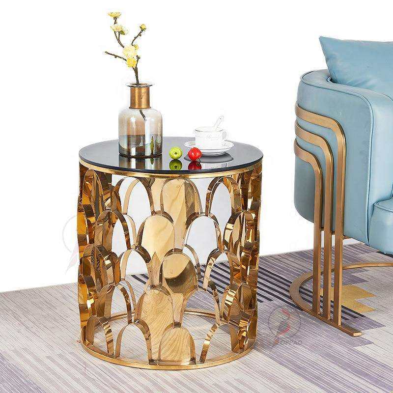 简约不锈钢鱼鳞片设计茶几玻璃人造大理石面小茶几现代圆形边几