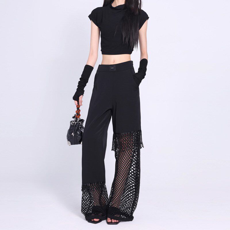 62220夏季新品国风阔s腿裤女黑色直筒拼网重工串珠流苏垂感西裤女