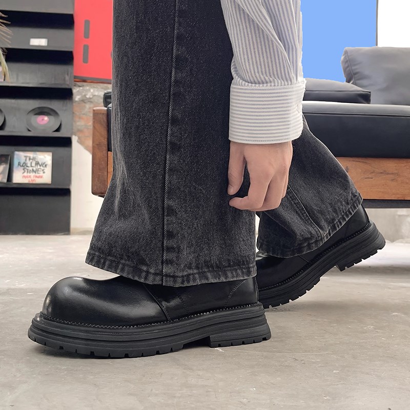 新款德比鞋男厚底休闲增高圆头皮鞋英伦风潮高级感黑色工装大头鞋