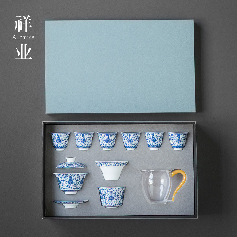 青花功夫茶具套装高档q中式家用办公室泡茶专用陶瓷盖碗喝茶杯礼