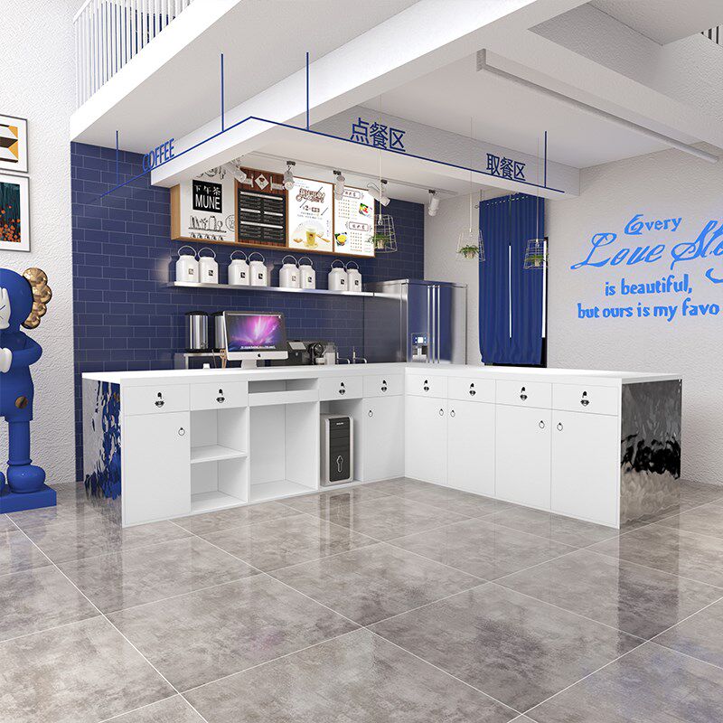 简约现代不锈钢餐饮烧烤奶茶店弧形吧台前台理发店收银台转角定制