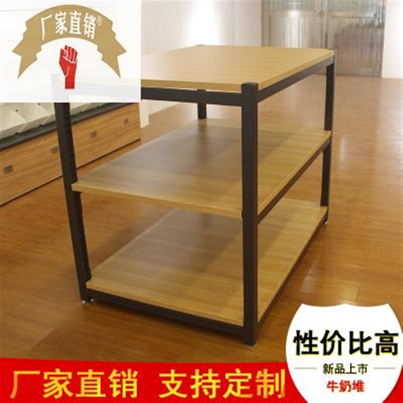 厂家定制超市商场牛奶堆面包货D架 三层钢木结构货架展示架