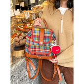 puui原创生活双肩包秋冬复古格纹抽绳束口包质感ins翻盖小背包