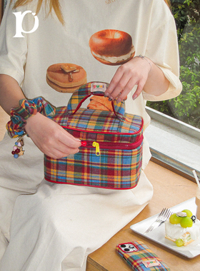 puui原创化妆包女生便携式大容量复古格纹收纳包高级感旅行洗漱包