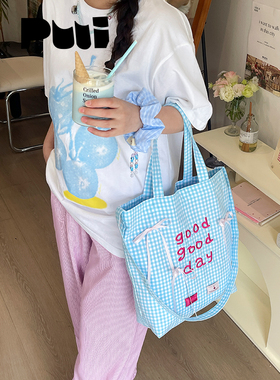 Puui原创大容量格纹帆布包春夏小清新单肩包可斜挎韩系ins包包女