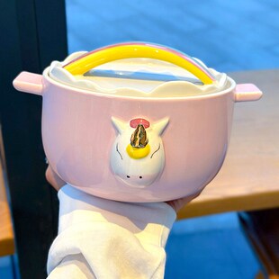 高颜值双耳泡面碗大容量吃面陶瓷带E盖可爱女学生宿舍可微波炉汤