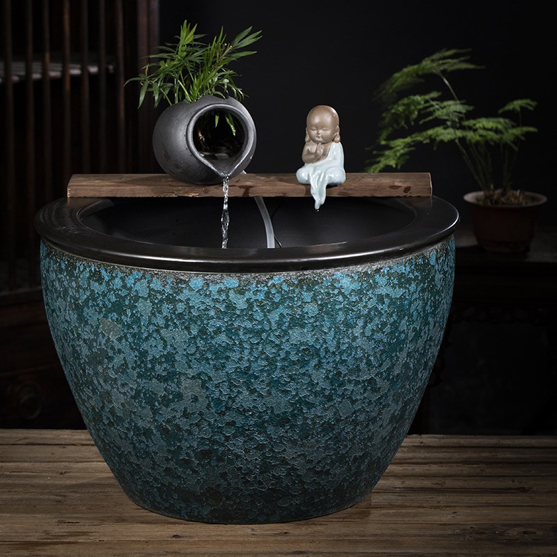 大型陶瓷流水喷泉鱼缸陶罐水循环造景古法鱼缸客厅阳台落地大水缸