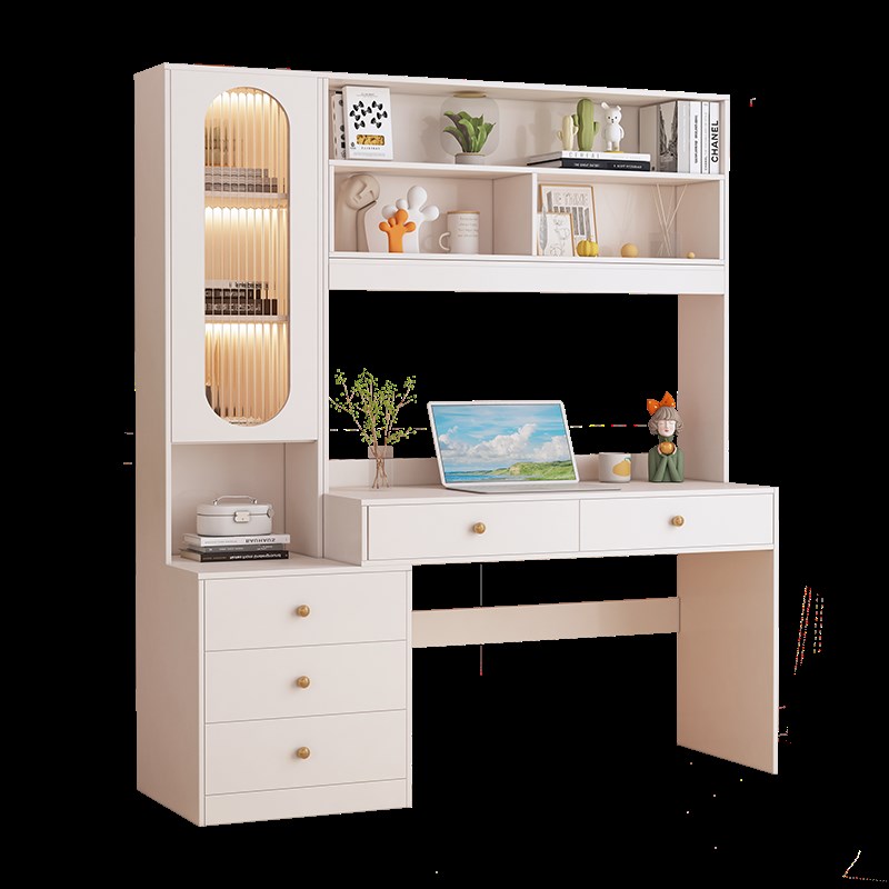 奶油风书桌书架一体简约家用台式办公桌学生学习桌电脑桌写字桌子