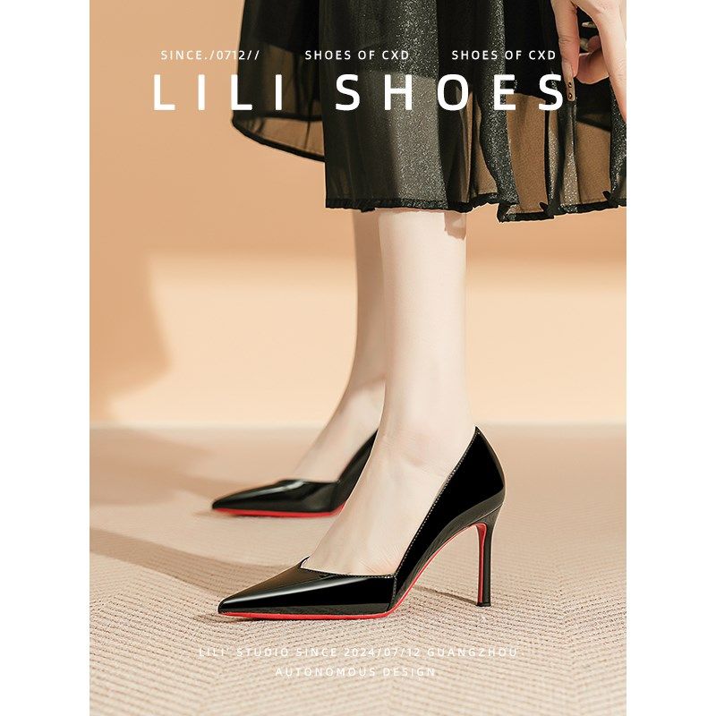 红底高跟鞋女2025新款通勤x百搭不累脚细跟黑色漆皮职业工作鞋单