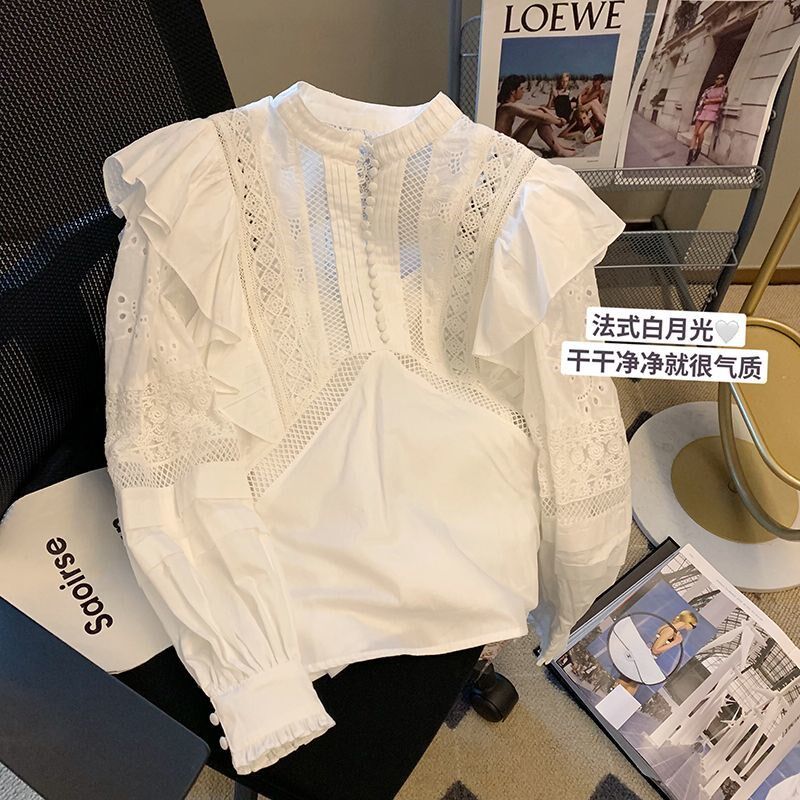 法式白色拼接蕾丝镂空荷叶边衬衫女春新款设计U感小众长袖衬衣