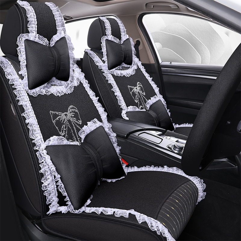 网红坐垫春夏季亚麻布新款女士蕾丝汽车座套女神全包四季座垫