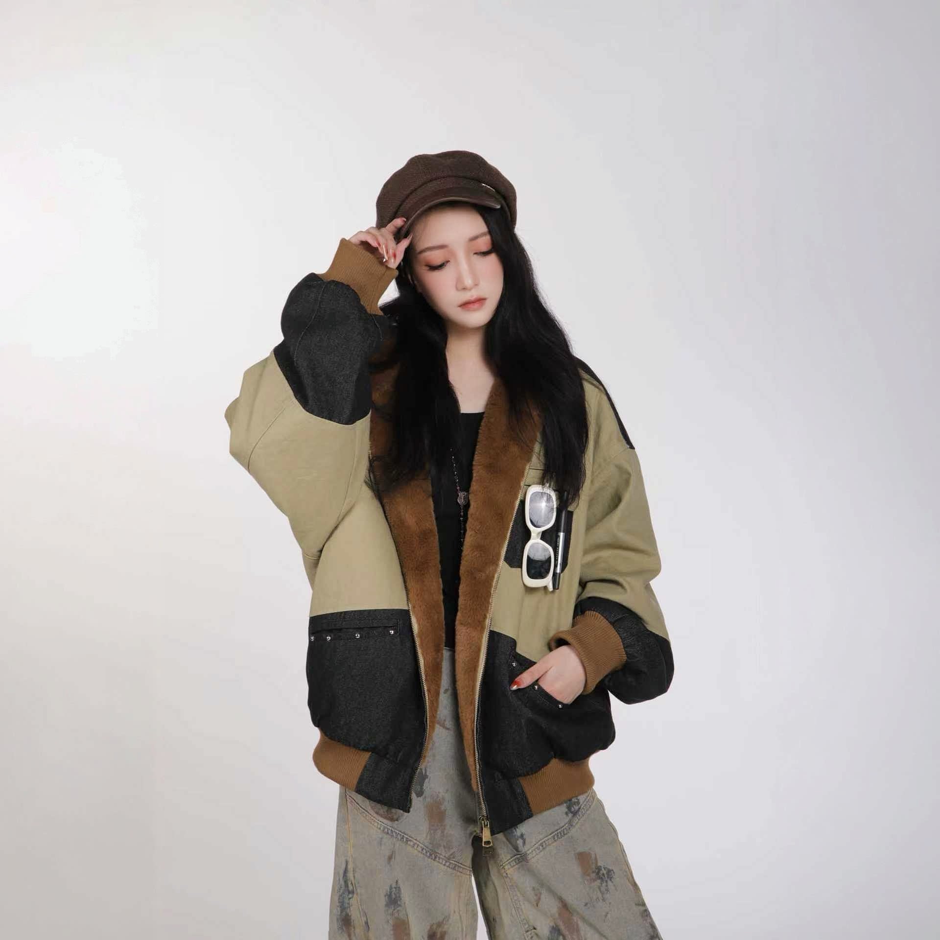 工装牛仔拼接做旧连帽棉服