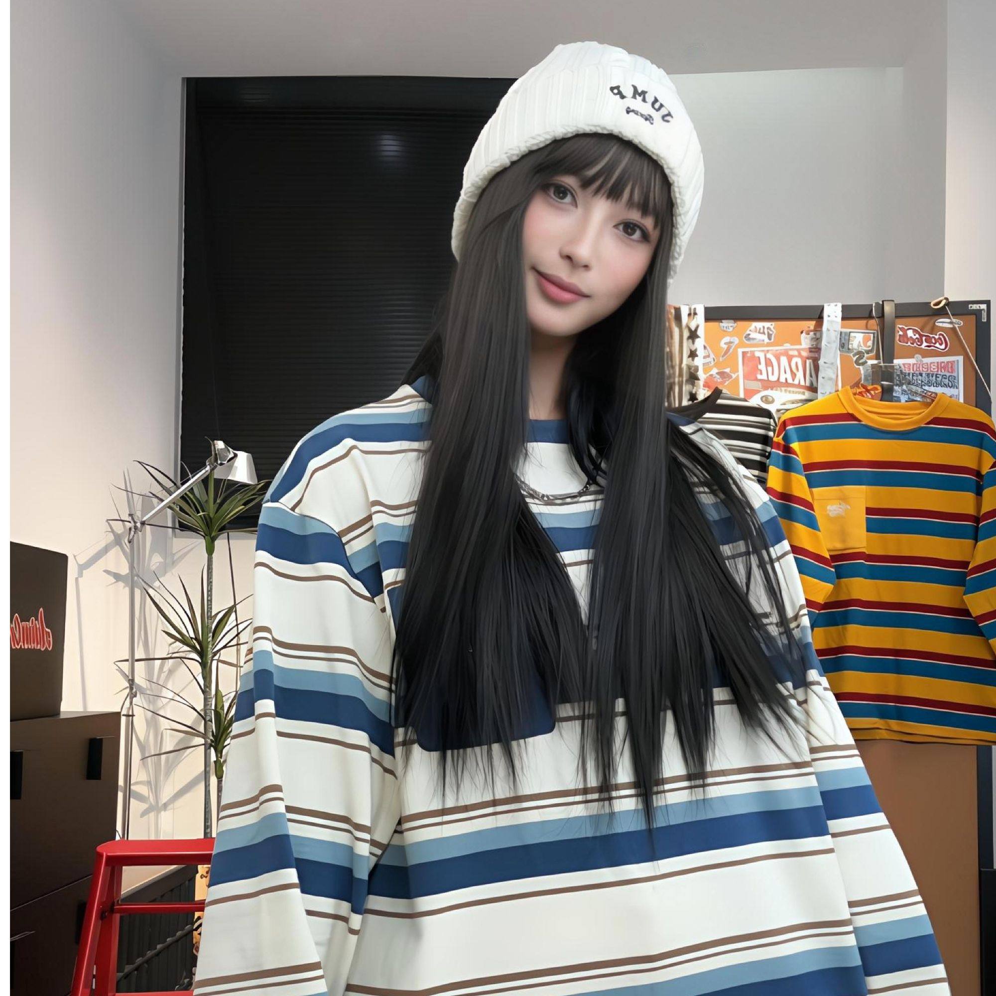 撞色美式设计口袋刺绣条纹长袖