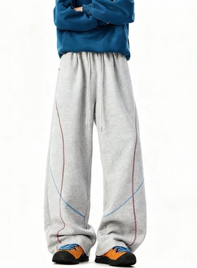 美式男灰色卫裤裤子春秋直筒条纹拼接冬季秋季撞色宽松潮流弯刀裤