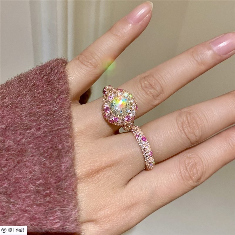 多巴胺糖果色不规则满镶满圈粉钻渐变小排钻副戒指女92Z5银玫瑰金