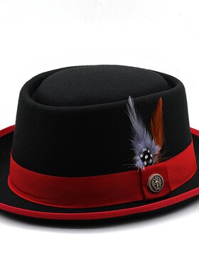 Porkpie Hat Jazyz  女士英伦毛呢小礼帽羽毛缎带爵士帽