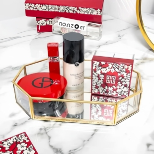 现代简约铜边玻璃珠宝首饰盘化妆品收纳盘家居置物收纳美食甜品盘